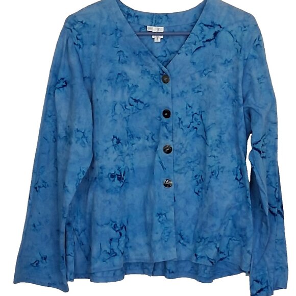 Womens Button Up Tie Dye Top Blue Sz M Mother of Pearl Buttons Art to Wear Artsy - Picture 1 of 12